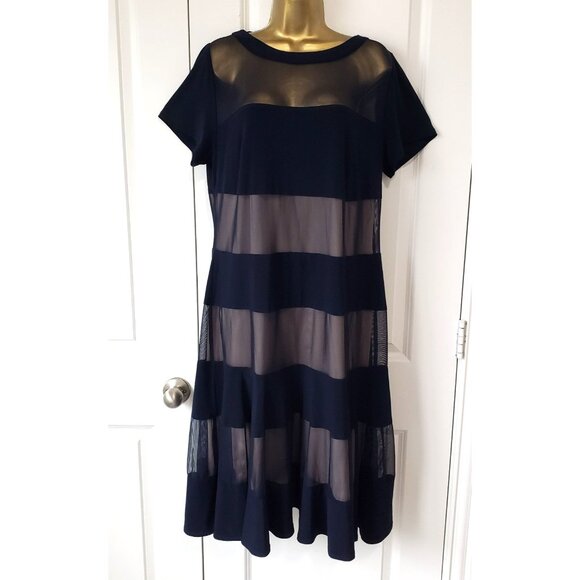 R&M Richards Woman A-line Flare Dress Black Tan Short Slv Partial Sheer Sz 14W - Picture 1 of 6